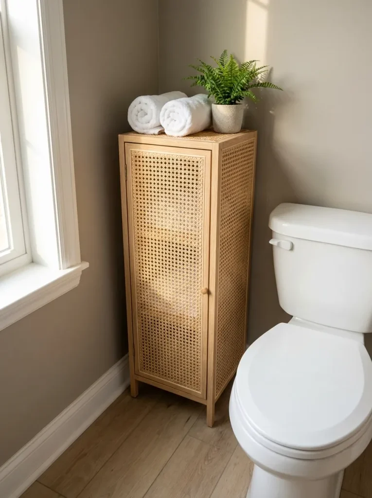 Linen cabinet beside toilet