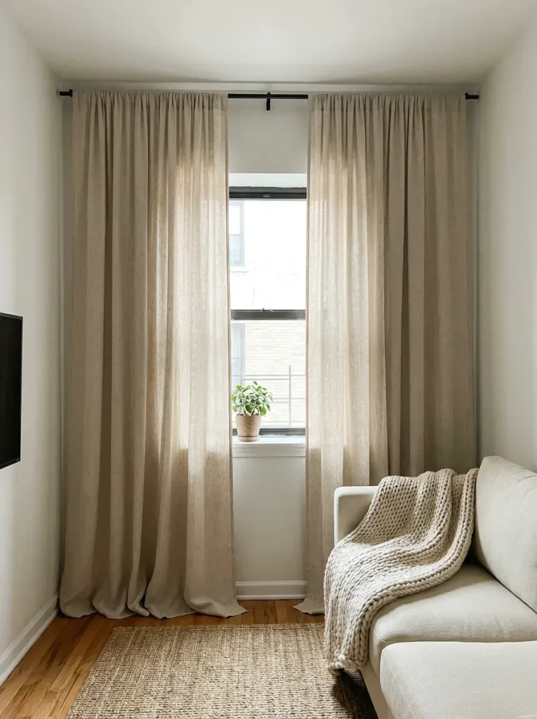 Linen curtains hanging on rod