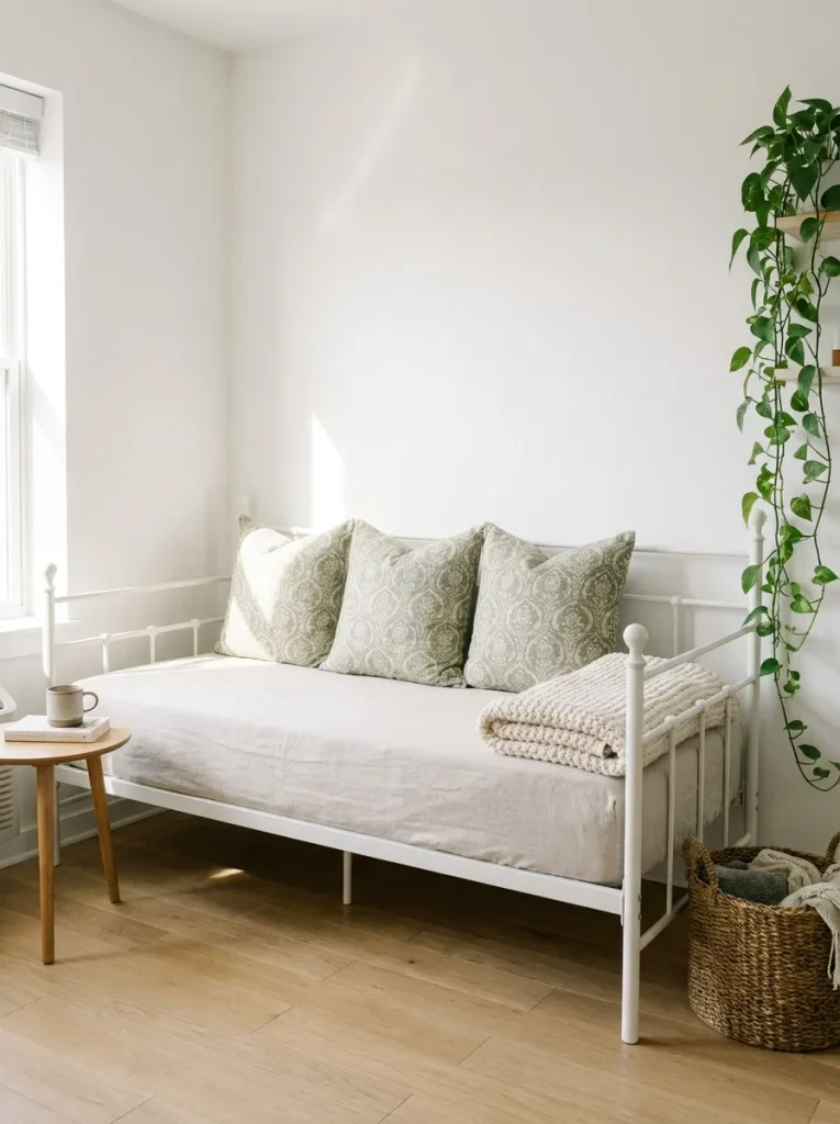 Metal daybed styled as sofa