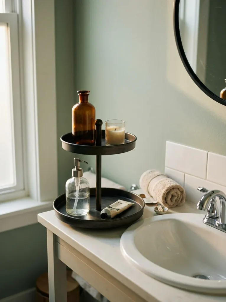 Metal riser tray on counter