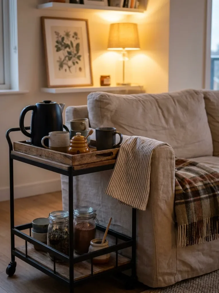 Metal rolling cart with tea