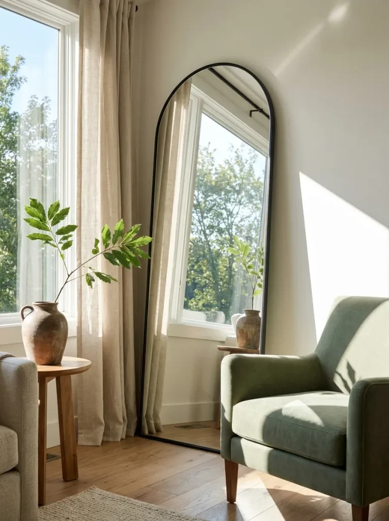 Mirror reflecting trees near window