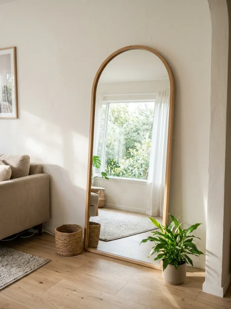 Mirror reflecting window in apartment
