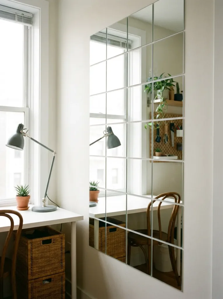 Mirror tiles reflecting desk area
