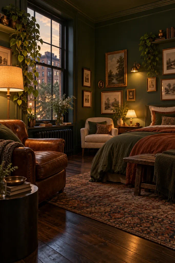 Moody Green Apartment Bedroom at Twilight

