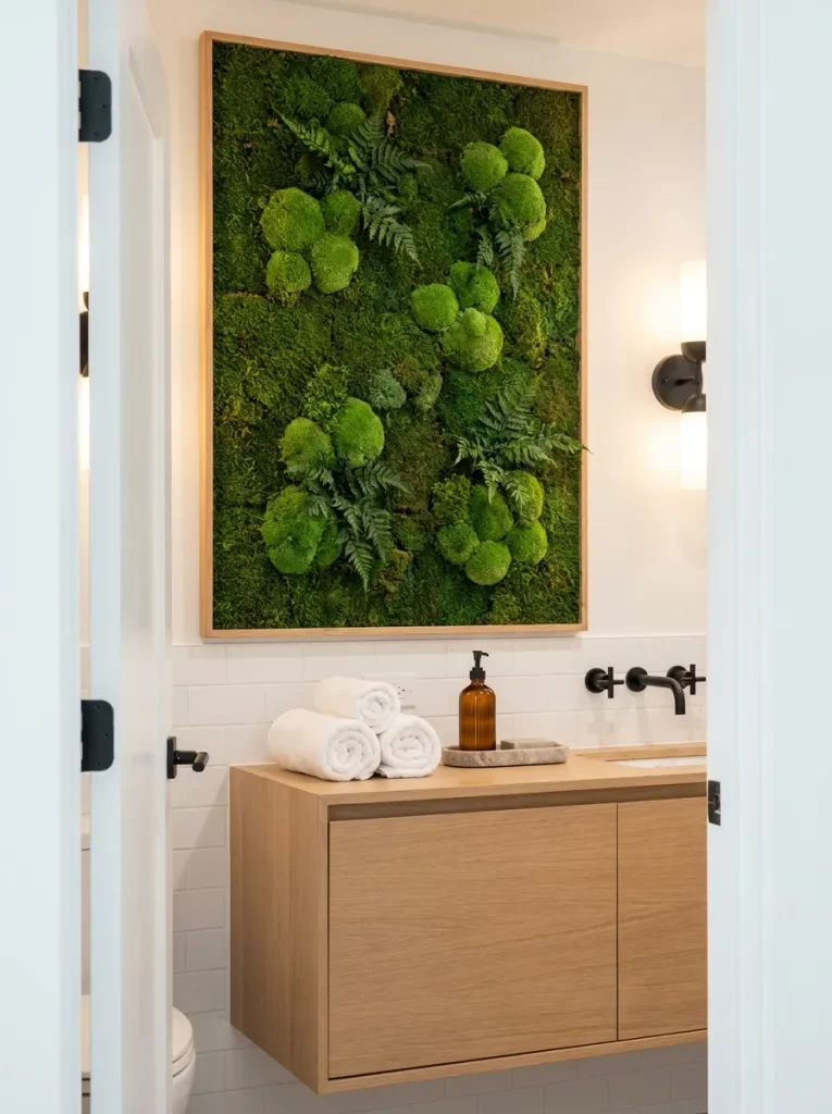 Moss wall above wood vanity