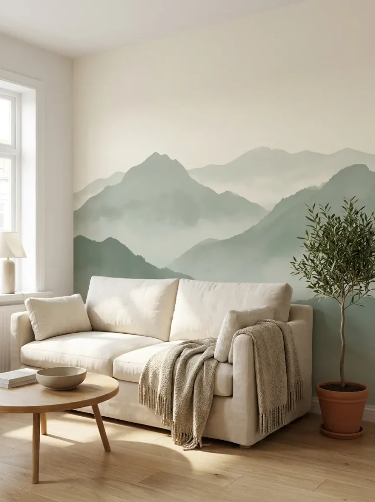 Mural behind sofa in room