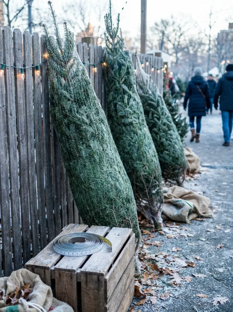 Narrow evergreen trees by fence