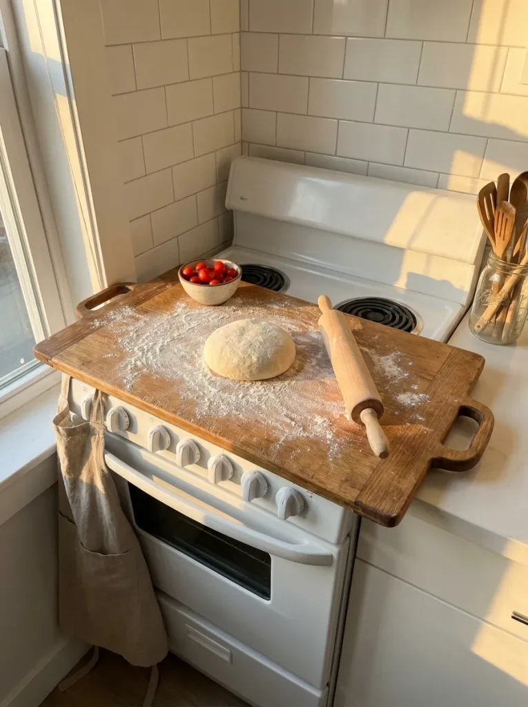 Noodle board with pizza dough