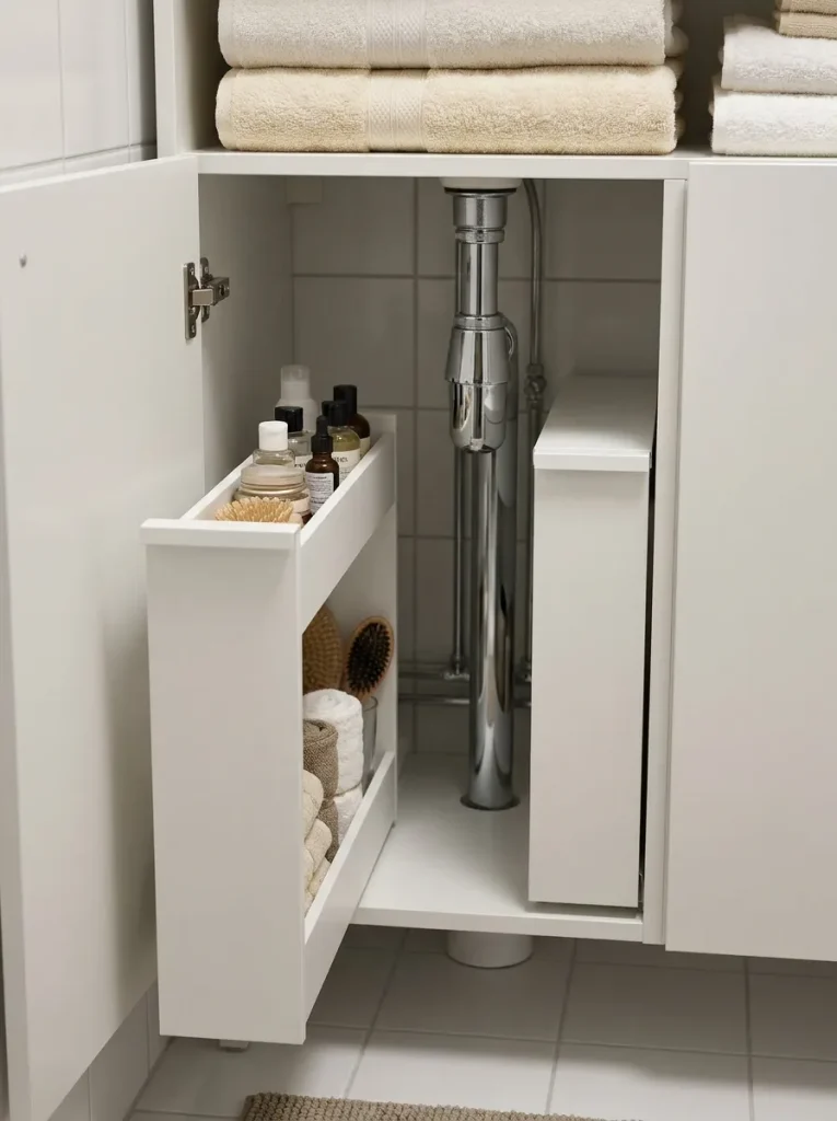 an open under-sink bathroom cabinet with two narrow white pull-out drawers