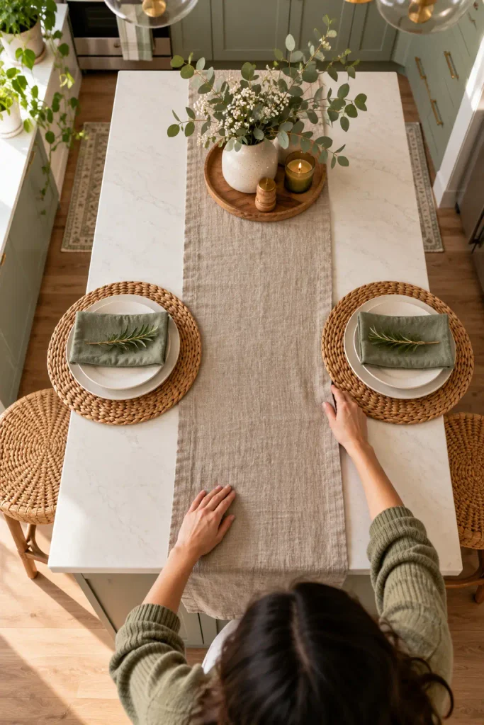 Overhead Linen Table Setting in a Sage Kitchen
