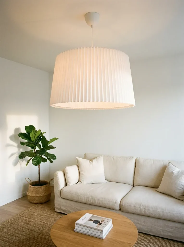 Paper drum shade hanging low