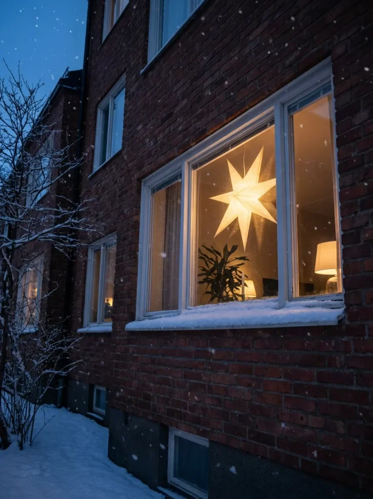 Paper star lamp in window