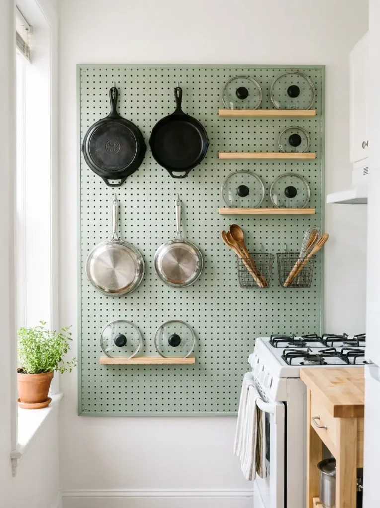 Pegboard organizing kitchen wall