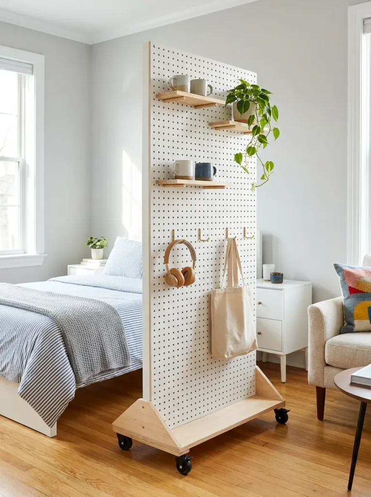 Pegboard partition in studio apa…