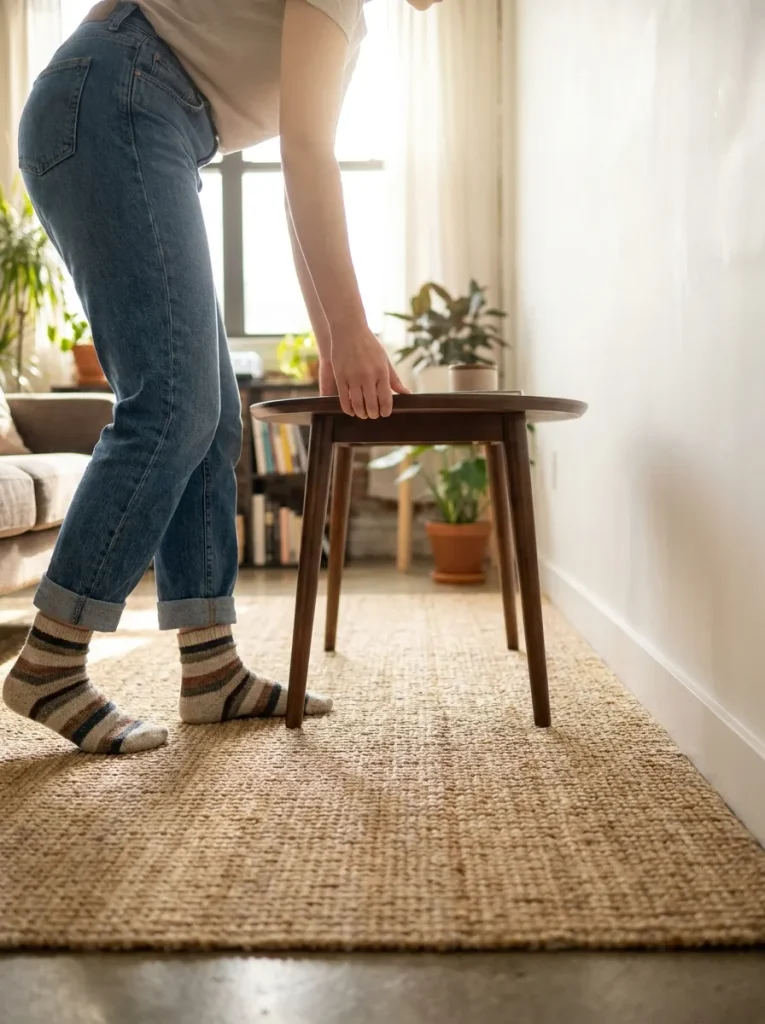 Person sliding wooden coffee table