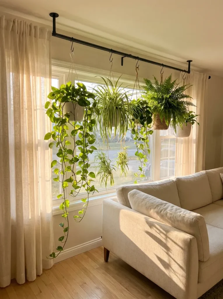 Plants hanging by apartment window