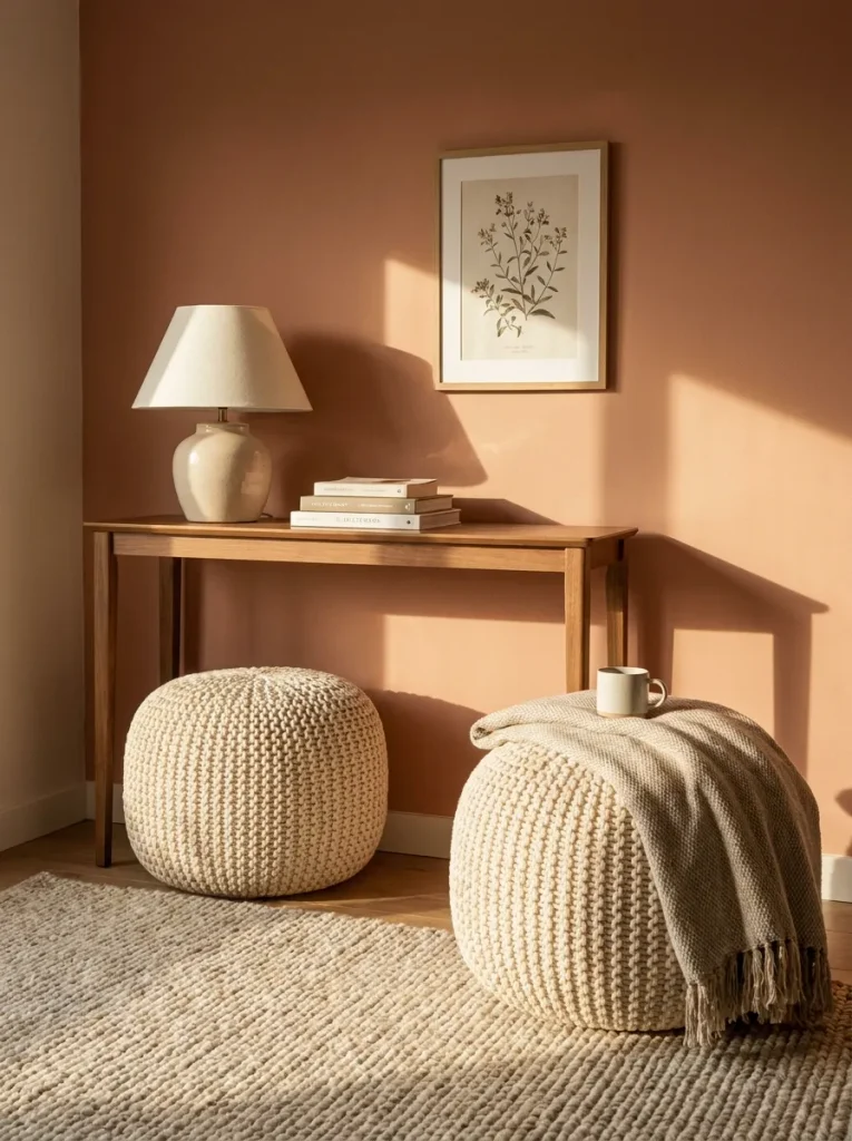 Poufs under wooden console table