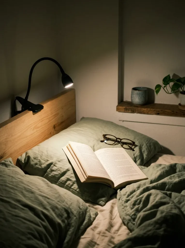 Clamp-on reading light on headboard