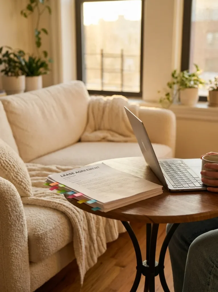 Reading rental lease on laptop
