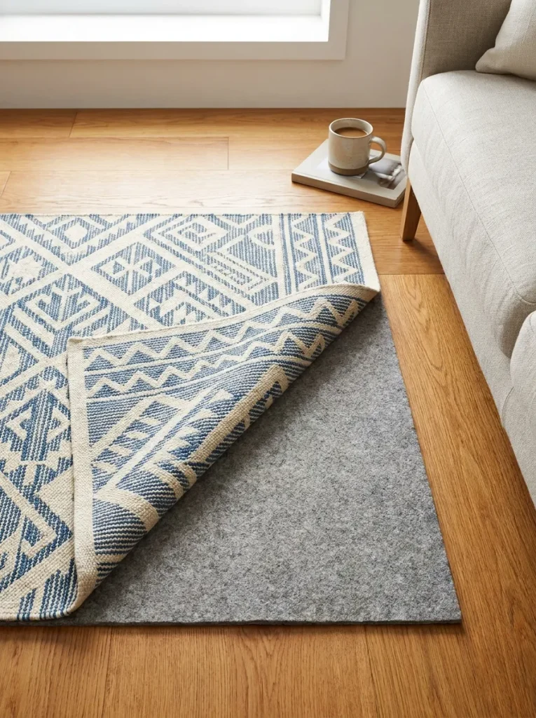 Rug folded on hardwood flooring
