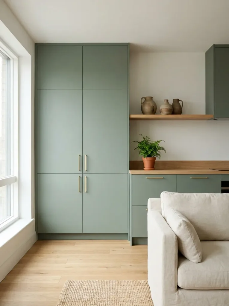 Sage green cabinets in kitchen