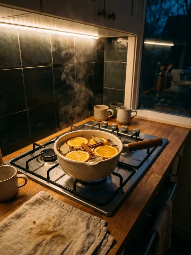 a small saucepan simmering on a stovetop with orange slices, cinnamon sticks, cloves and bay leaves