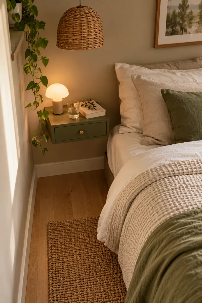Scandinavian Bedside Nook with Woven Light