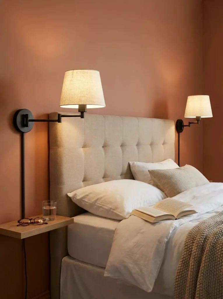 Sconces mounted beside bed