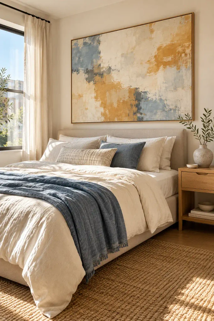 Serene Linen Bedroom with Abstract Art
