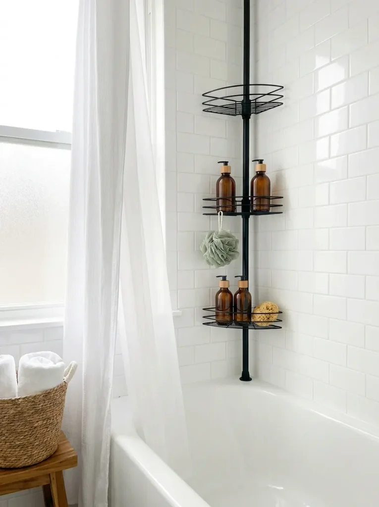 Shower caddy in bathroom