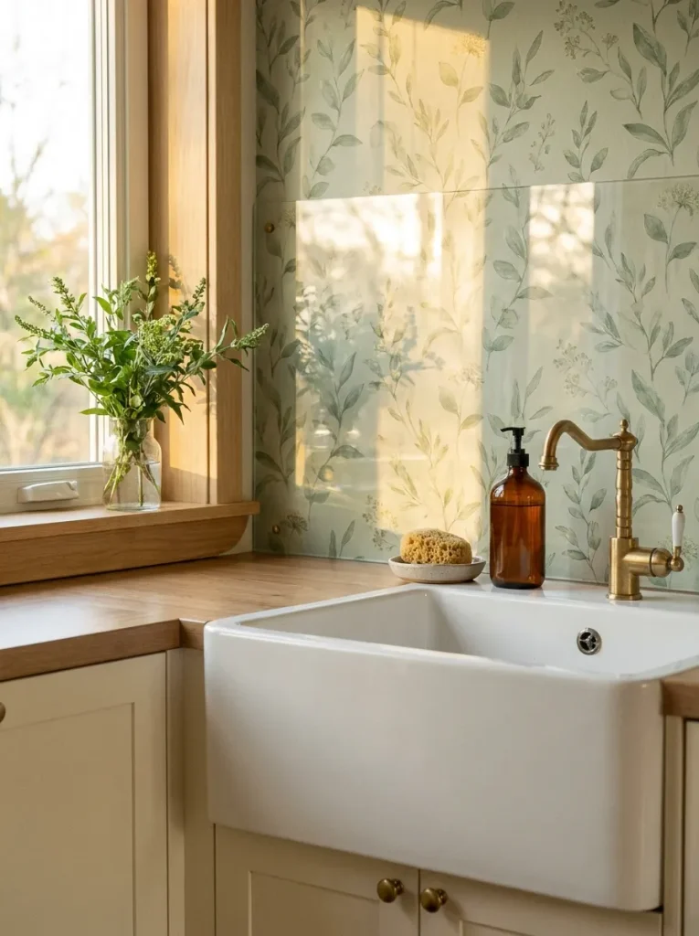 Sink area with botanical wallpaper