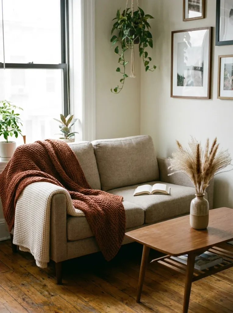 Sofa with throw and blanket