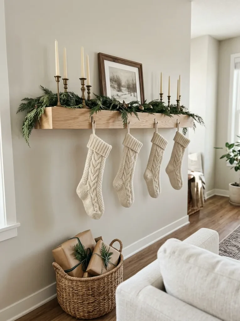 Stockings hanging on faux mantel