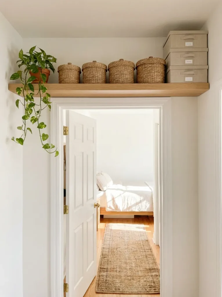 Storage baskets on wall shelf