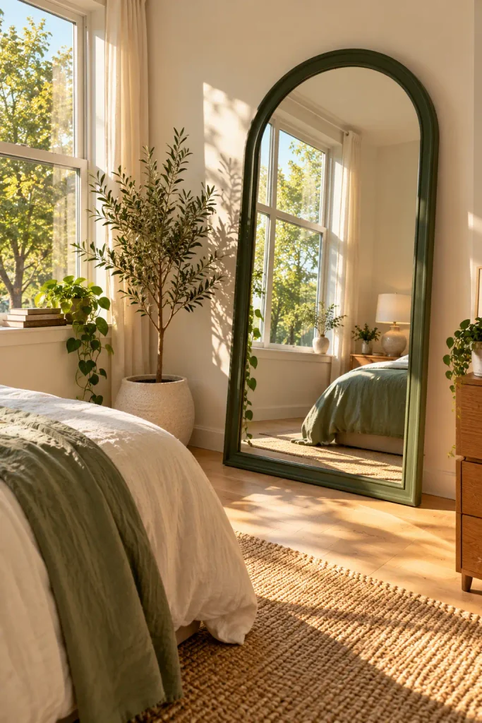 Sunlit Boho Bedroom with Arched Mirror