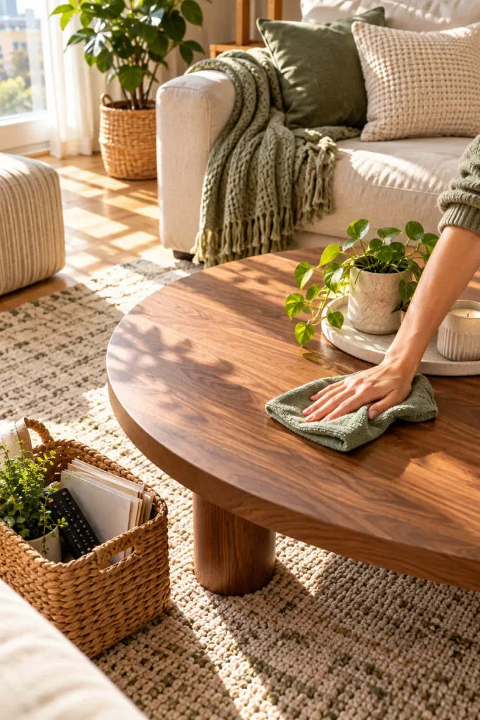 Sunlit Coffee Table Cleaning Moment
