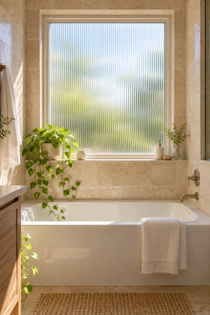Sunlit Reeded-Glass Spa Bathroom

