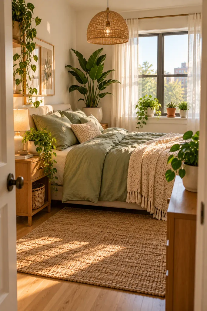 Sunlit Sage Green Boho Bedroom