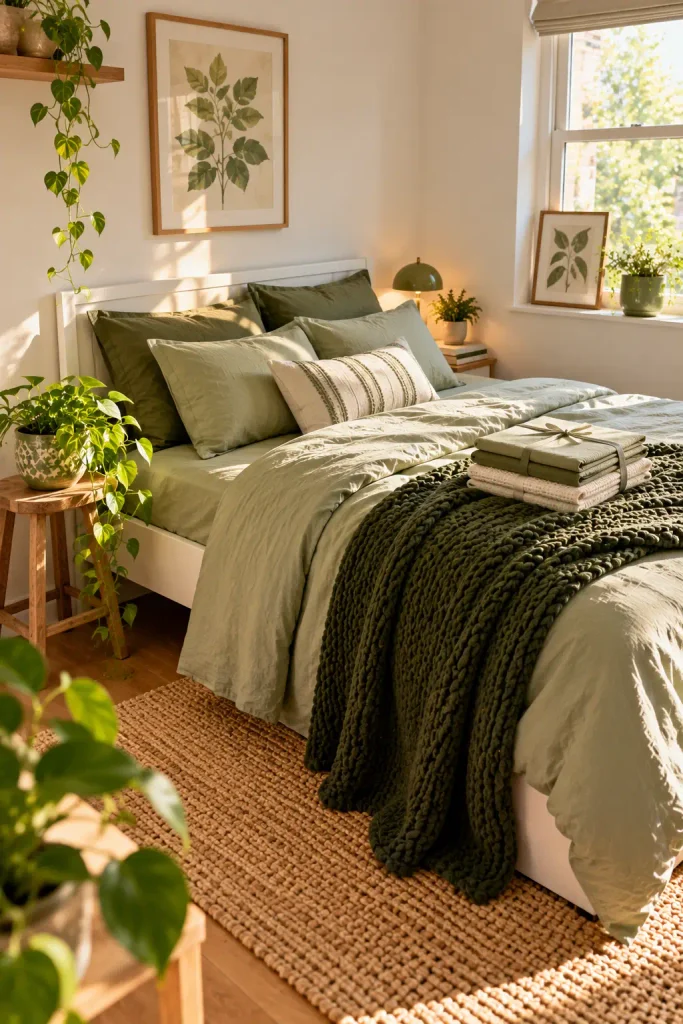 Sunlit Sage Green Scandinavian Bedroom