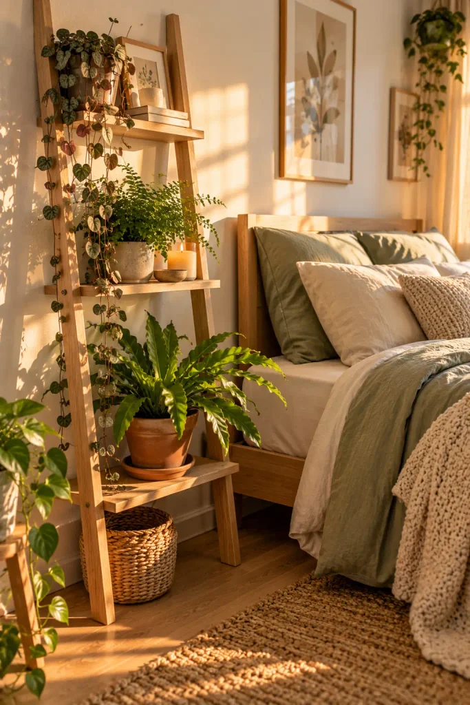 Lean a Ladder Shelf by the Bed and Style It Top to Bottom