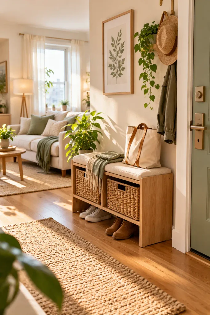 Sunlit Scandinavian Entryway and Living Room
