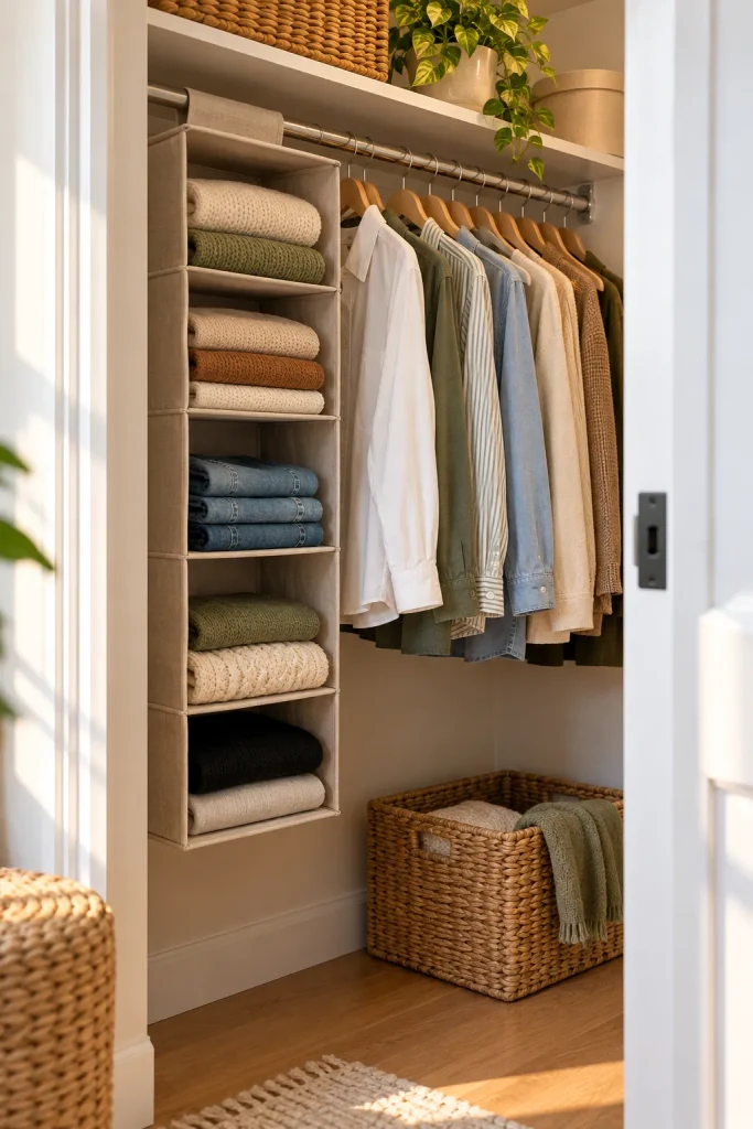 Hang a fabric shelf organizer from the existing rod