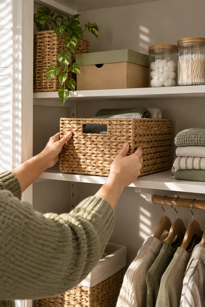 Sunlit Woven Basket Organisation
