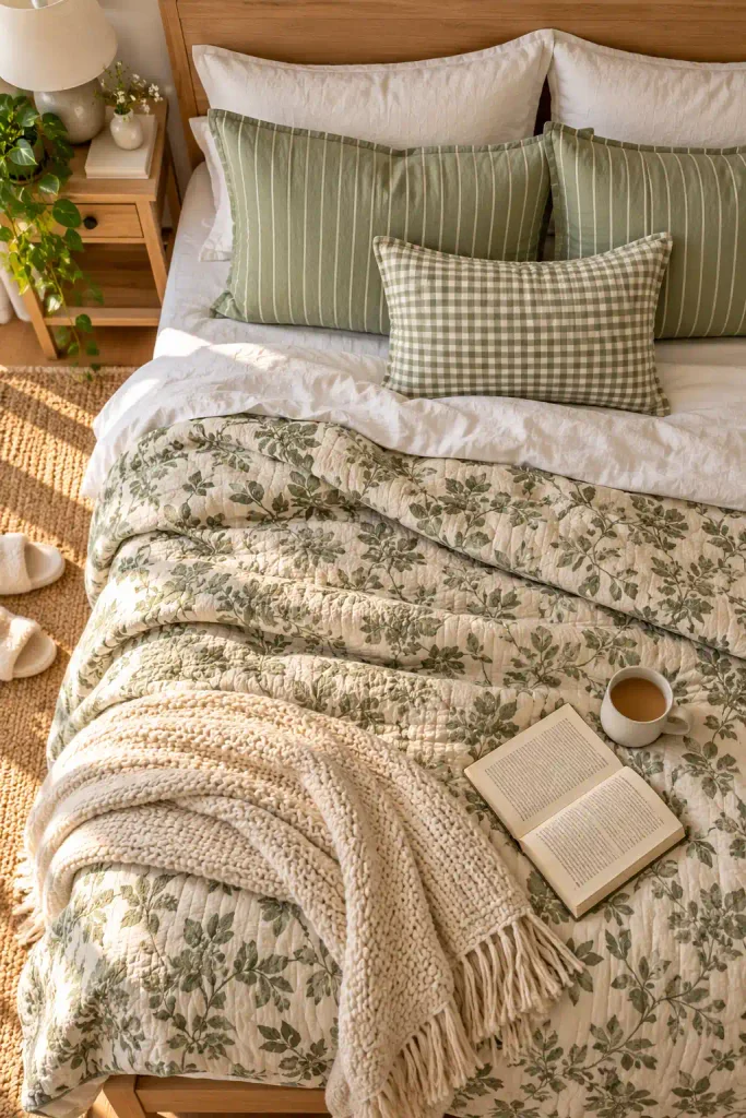 Sunlit sage-green cottage bedroom vignette
