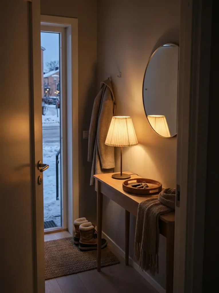 Table lamp glowing on console
