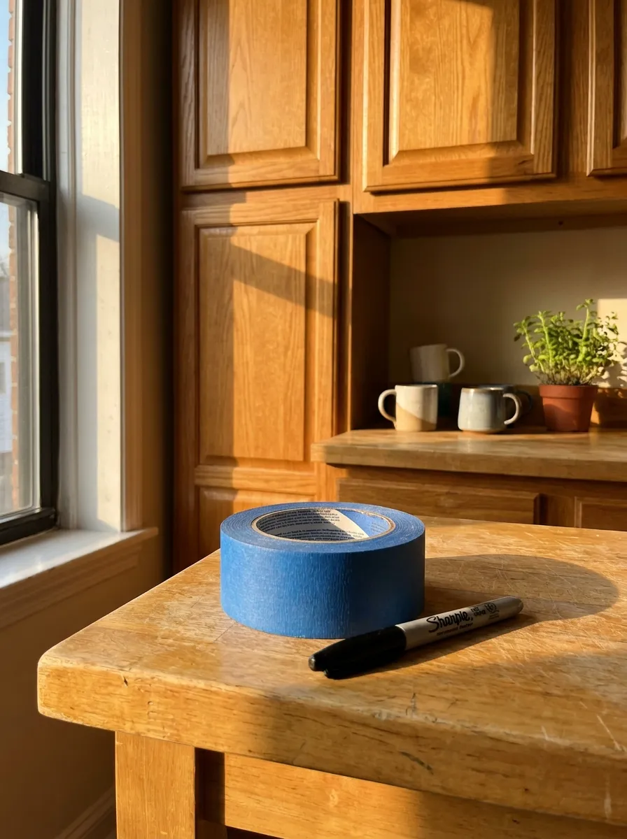 Tape and marker on counter