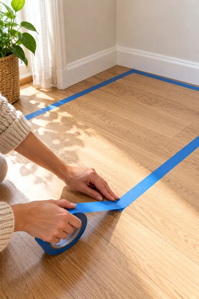 Taping a Layout on Sunlit Wood Floors