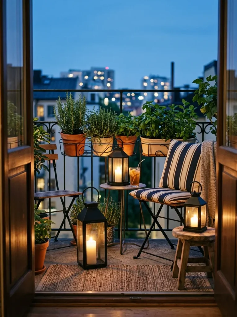 Three glowing lanterns on balcony