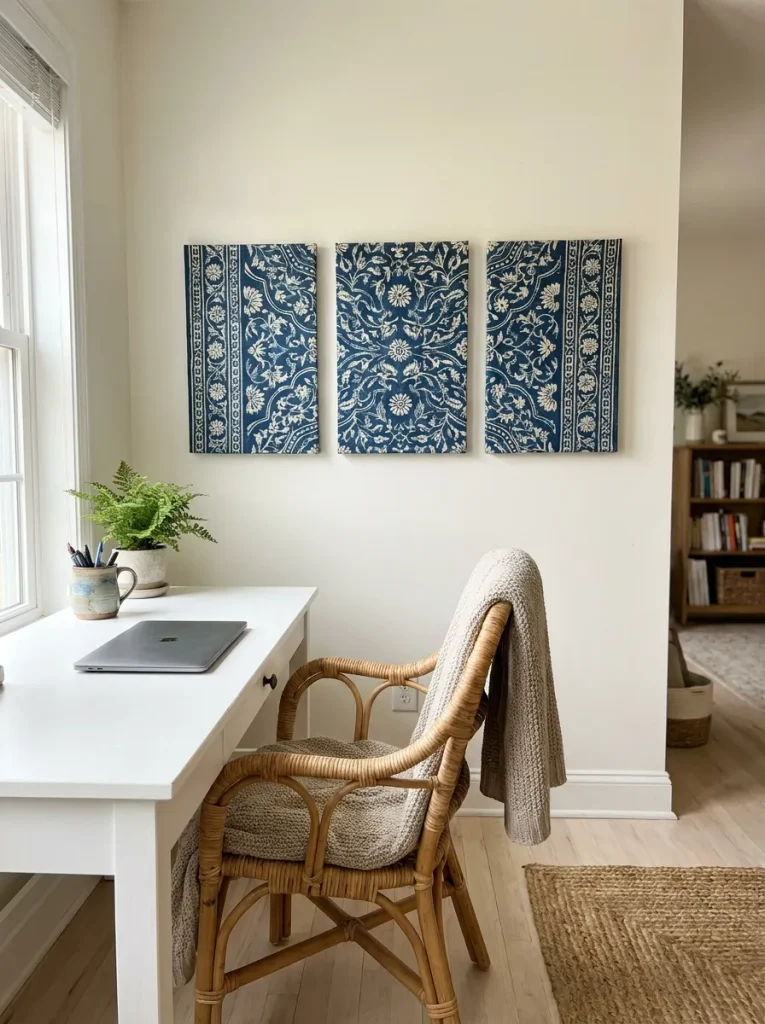 Three matching canvases above desk